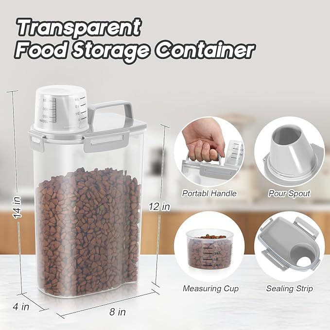 Dog Food Storage Container, Upgraded Large Nozzle BPA-free, 8-12 LBS Plastic Pet Food Storage Containers, With 4 Sealed Clasps, 1 Measuring Cup and Handle, Easy to Clean and Carry -2 Packs-NeatNest