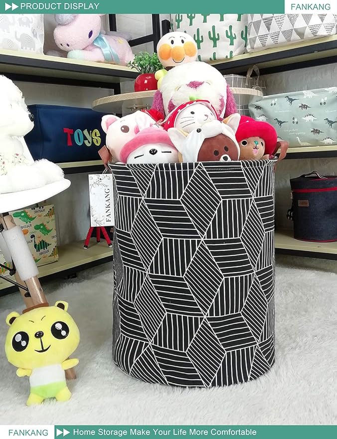 FANKANG Storage Basket, Nursery Hamper Canvas Laundry Basket Foldable with Waterproof PE Coating Large Storage Baskets for Kids Boys and Girls, Office, Bedroom, Clothes,Toys(Black Magic cube)