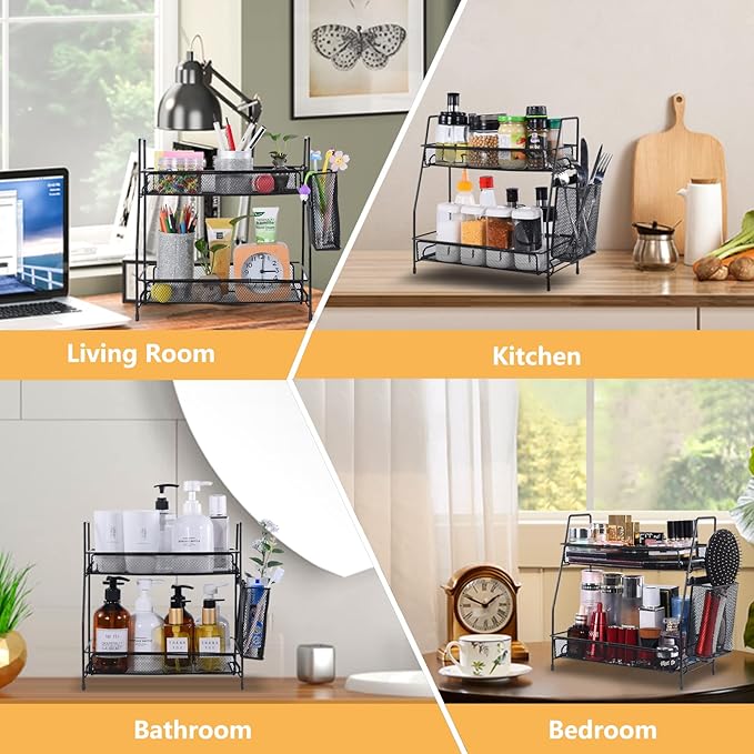 Bathroom Organizer with Basket, 2-Tier Bathroom Tray for Countertop Storage Shelf, Bathroom Counter Organizer, Vanity Organizer and Storage Kitchen Counter Organizers Spice Rack-NeatNest