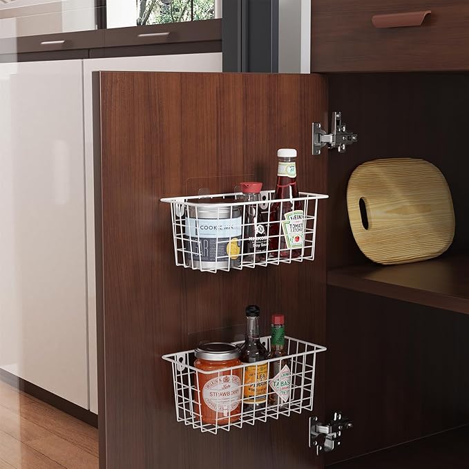 MaraFansie Hanging Wire Baskets Kitchen Storage Basket Adhesive and Screws Basket Over the Cabinet Door Organizer with Adhesive Strips and Screws Accessories, 2 Installations, 2 Pack, White-NeatNest