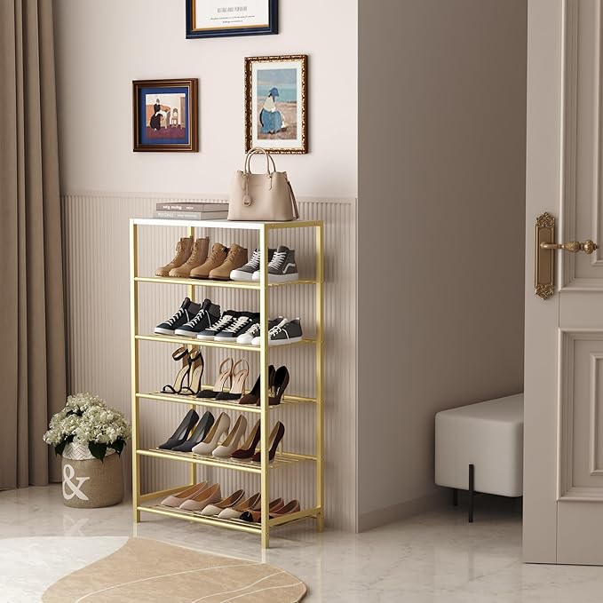 HOMEFORT Shoe Rack 6-Tier, Shoe Storage Shelf, Industrial Shoe Tower, Narrow Shoe Organizer for Closet Entryway, Small Shoe Rack Table with Durable Metal Shelves,Gold-NeatNest