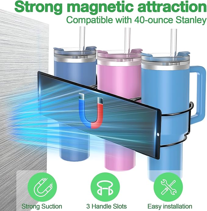 1 Pack, Magnetic Stanley Cup Holder, Stanley Cup Organizer for Refrigerators/Ovens/Coffee Machines, 3 Cup Slots, Supports 10 lbs, Suitable for 40/30 oz Stanley, Gift