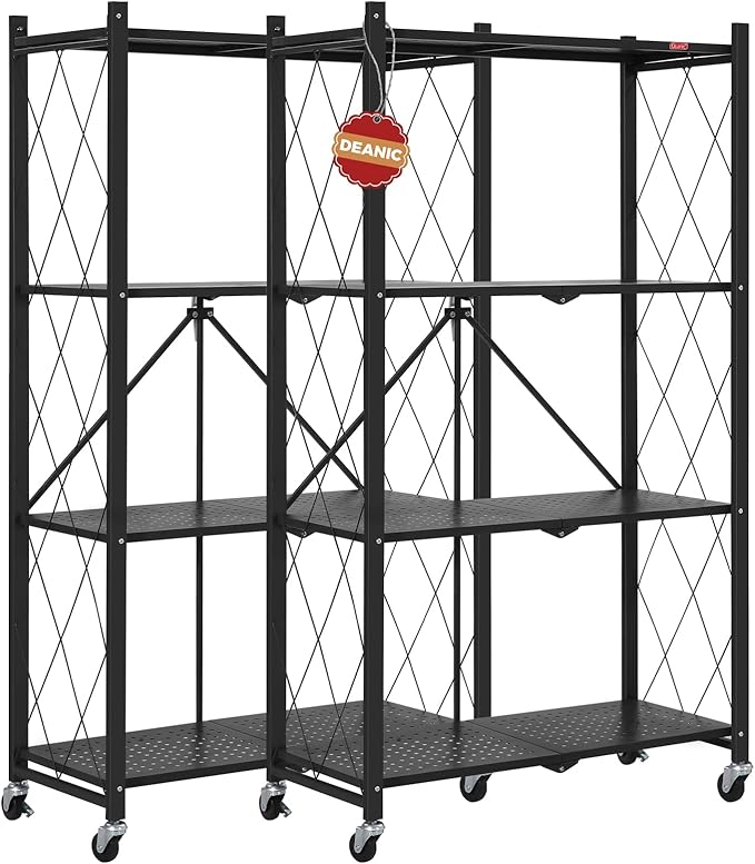 DEANIC 4 Tier Foldable Storage Shelves with Wheels, Large Capacity Shelving Unit, Freestanding Metal Wire Shelf Rack, No Assembly Organizer Rack for Garage Kitchen, Basement, Pantry(Black Pack of 2)-NeatNest