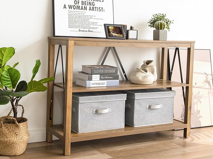StorageWorks Fabric Storage Bins with Lid, Decorative Storage Boxes for Shelves, Stackable Closet Organizer Basket with Handles, Large, Gray, 2-Pack-NeatNest
