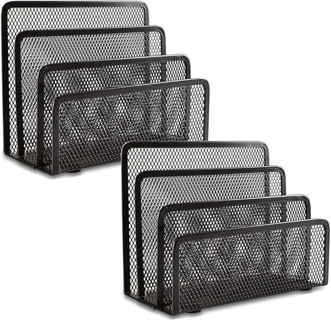 EASEPRES Desk Mail Organizer, Office Small Desktop Metal Mesh Envelope Letter Sorter Paper File Holder Organizer with 3 Vertical Upright Compartments, Black 2 Pack