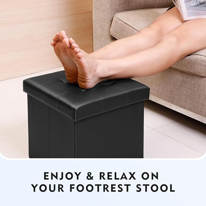 B FSOBEIIALEO Storage Ottoman Small Cube Foot Rest Seat Faux Leather Toy Chest Black 12.6"X12.6"X12.6" (2 Pack)