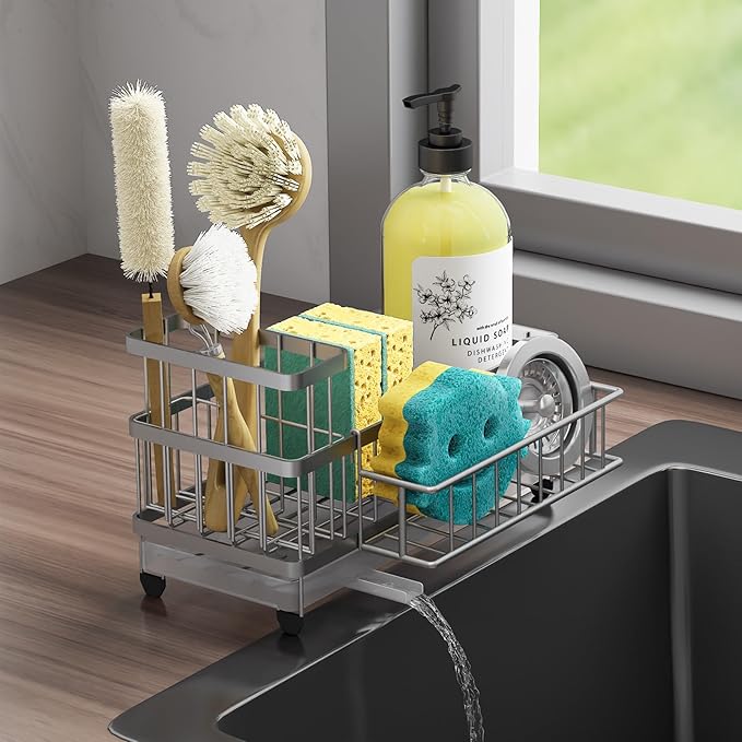 Consuemst Sponge Holder for Kitchen Sink - Auto Draining Sink Caddy Organizer with Detachable Rack, High Brush Holder, Kitchen Countertop Storage Accessories, Silver-NeatNest