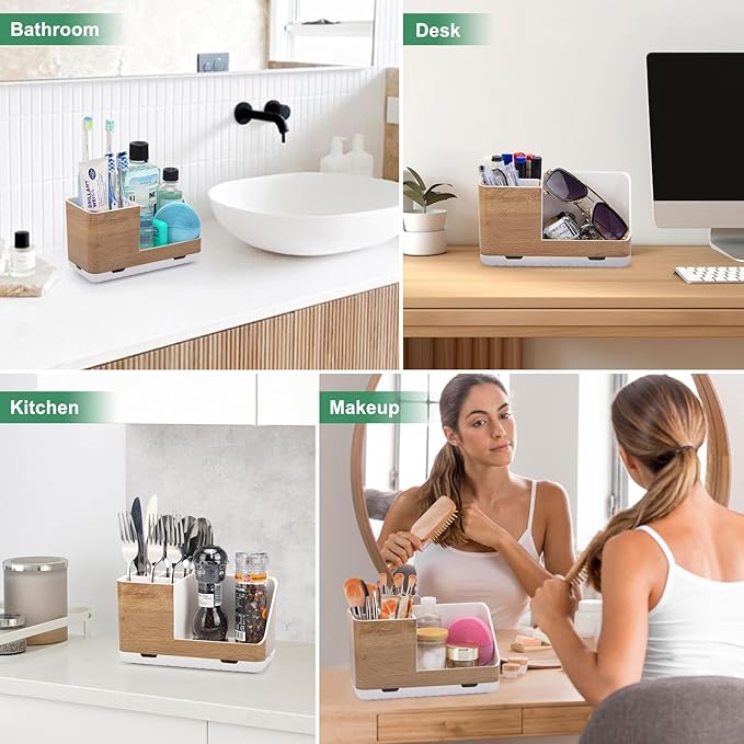 Toothbrush Holders for Bathrooms Countertop Organizer and Storage, Kids Electric Toothbrush and Toothpaste Holder, Bathroom Accessories Vanity Organizer (Wood Grain)-NeatNest