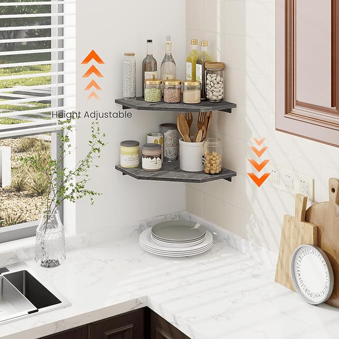 Homode Corner Shelf Wall Mount, Set of 2 Corner Floating Shelves with Cord Hole for TV, Cable Box, Wood Hanging Storage Shelf Organizer for Bathroom Kitchen Living Room Bedroom, Rustic Grey-NeatNest
