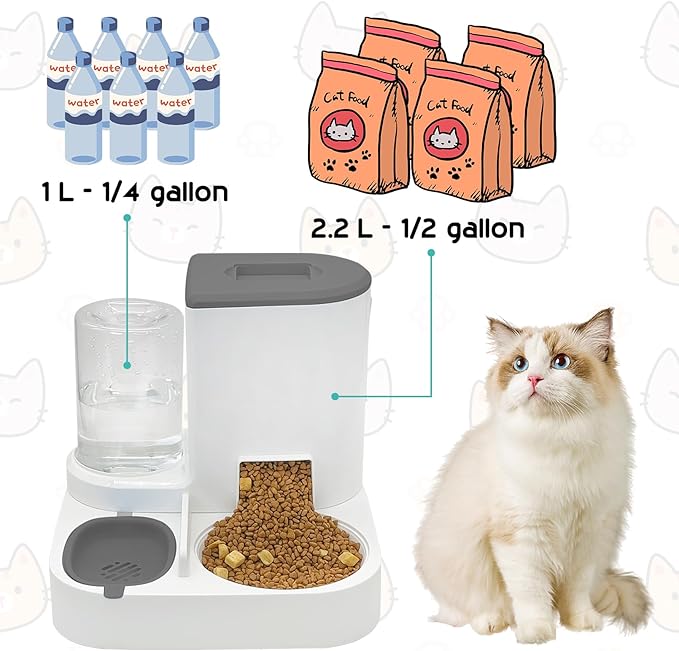 Fhiny Gravity Cat Feeder and Water Dispenser, 2 in 1 Automatic Pet Waterer Detachable Stainless Steel Food Bowls Set Pet Food Storage for Small Dog Puppy Cat Kitten Pet Easy Clean (Grey)-NeatNest
