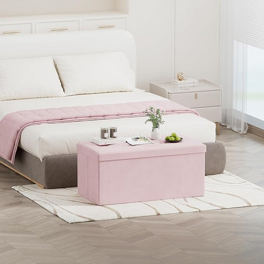 BRIAN & DANY Folding Storage Ottoman Bench, Ottoman with Storage, Foot Rest, Benches Seat for Bedroom, Living Room, Entryway, Long Shoes Bench, 15.7" x 31.5" x 15.7" Pink-NeatNest