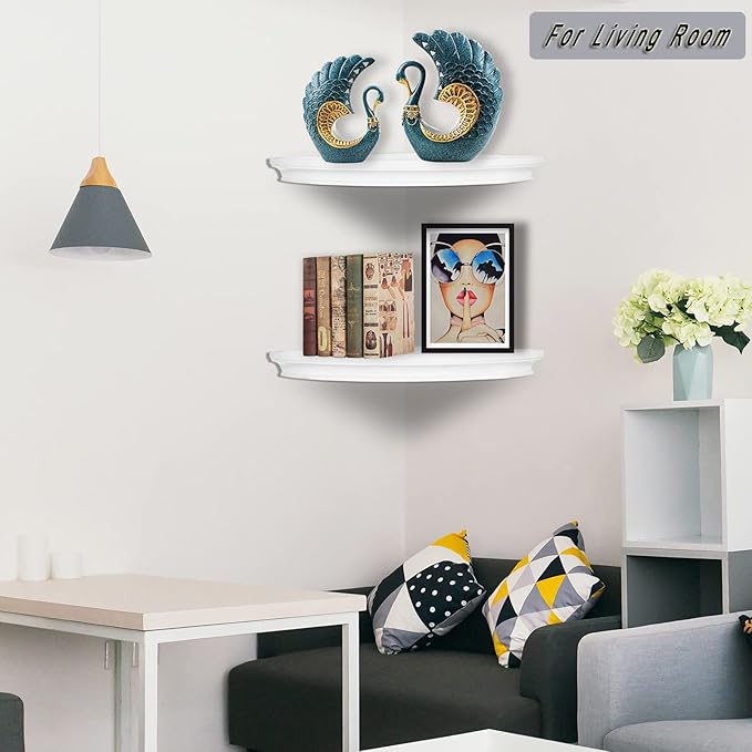 HAO Floating Corner Shelf Invisible Wall Mounted Shelves Radial Shape Cable Wire Hole Pattern Perfect for Bedroom Bathroom Living Room Kitchen Set of 2 White-NeatNest