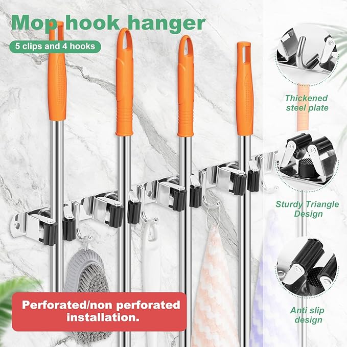 2Pcs 5 Racks 4 Hooks Stainless Steel Broom Mop Holder Anti Slip Wall Mount Broom Storage Rack Strong Load Bearing Waterproof Mop Broom Organizer for Bathroom Kitchen Garage