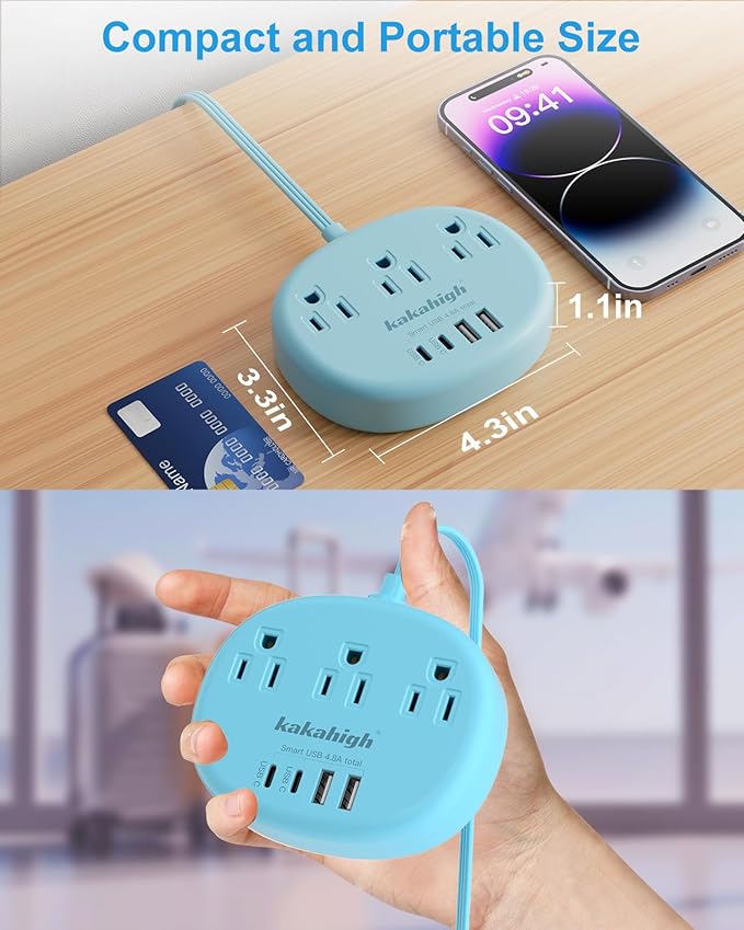 Blue Extension Cord with Surge Protected 1080J - 5 FT Flat Extension Cord, 1625W Cute Extension Cord with 3 AC Outlet 4 USB (24W/4.8A), Compact for Cute Blue Kawaii Desk Accessories-NeatNest