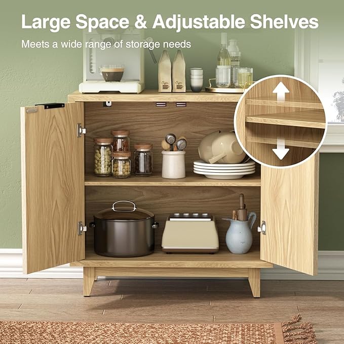 Fluted Cabinet with Storage, 2 Doors Sideboard Buffet, Mid Century Modern Accent Cabinet with Adjustable Shelves, Multifunctional Console Table with Storage for Living Room, Kitchen, Entryway