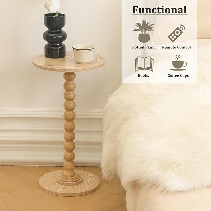 Round Side Table, Small Drink Table for Small Spaces, Modern Accent End Table with Solid Wood Leg for Living Room, Bedroom, Corners, and Office (Natural)