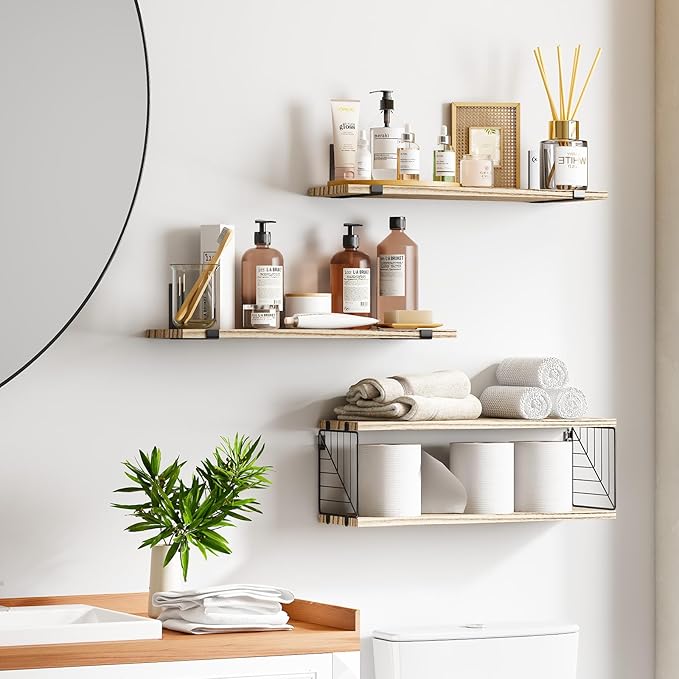 Fixwal 3+1 Tier Bathroom Floating Shelves Over Toilet, 15.8in Farmhouse Rustic Wood Shelves, Wall Decor for Bathroom, Living Room,Bedroom and Kitchen (Rustic Brown)-NeatNest