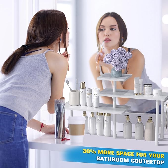 JayRex Bathroom Organizer Countertop Corner Shelf, 3 Tier Moveable Organizer for Make Up, Dresser Table, Desktop (White)-NeatNest