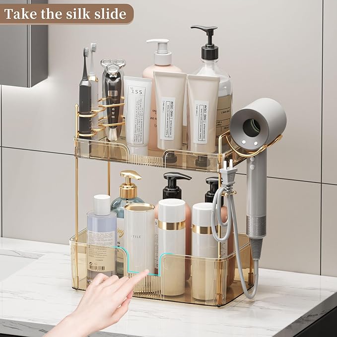 Bathroom Counter Organizer, Large Makeup Organizer Countertop, Shelf Storage, Vanity Tray, Easily Assemble for Bathroom Organizers and Storage, Undersink, Cabinet,2 Tiers Amber-NeatNest