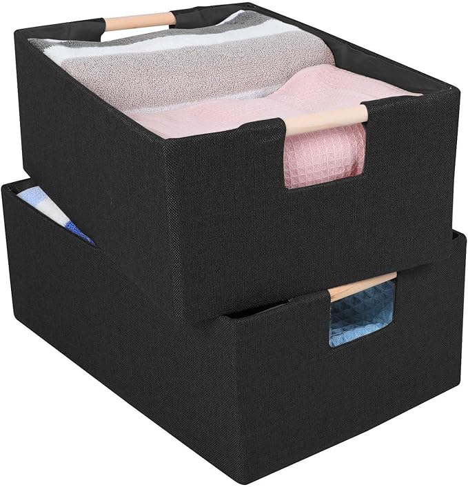 ANMINY 2PCS Storage Baskets for Organizing Collapsible Fabric Storage Bins Boxes with Wood Handles Closet Shelves Cube Organizer Bins Clothes Laundry Storage Container - Medium, Black-NeatNest