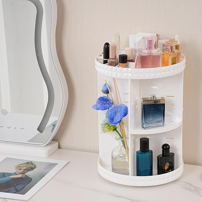 V-HANVER 360 Rotating Makeup Organizer Perfume Organizer White Cosmetic Storage Display Case Large Capacity Acrylic Beauty Holder Adjustable Partition Height for Bedroom Dresser or Bathroom Vanity-NeatNest