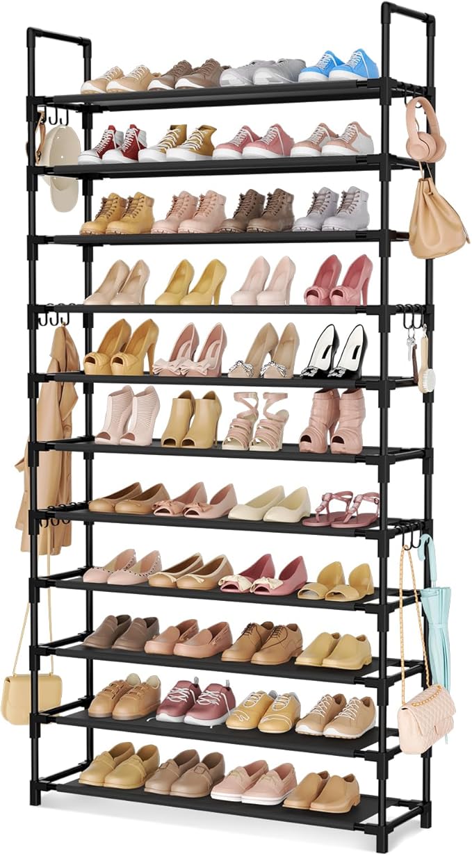 11 Tiers Tall Shoe Rack Holds 55 Pairs of Shoes with 18pcs Hooks Sturdy Wide Shoe Organizer Storage Free Standing Metal Shoe Shelf for Closet, Entryway Black-NeatNest