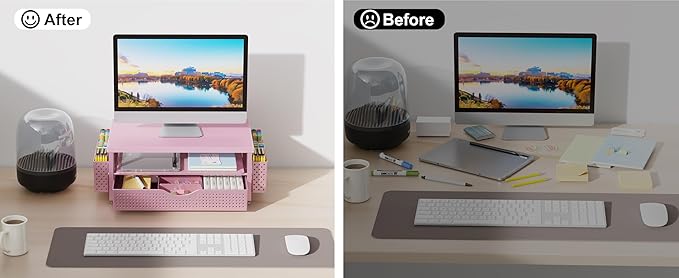 gianotter Wood Monitor Stand Riser, Desk Organizer with Drawer and 2 Pen Holders, 2-Tier Workspace Organizer for Office Supplies(Pink Wood)-NeatNest