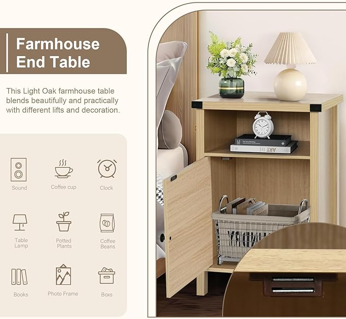 Farmhouse End Table, Side Table, Nightstang, End Table with Barn Door and Shelf, Rustic Modern Bed Night Stand for Bedroom, Living Room, Natural