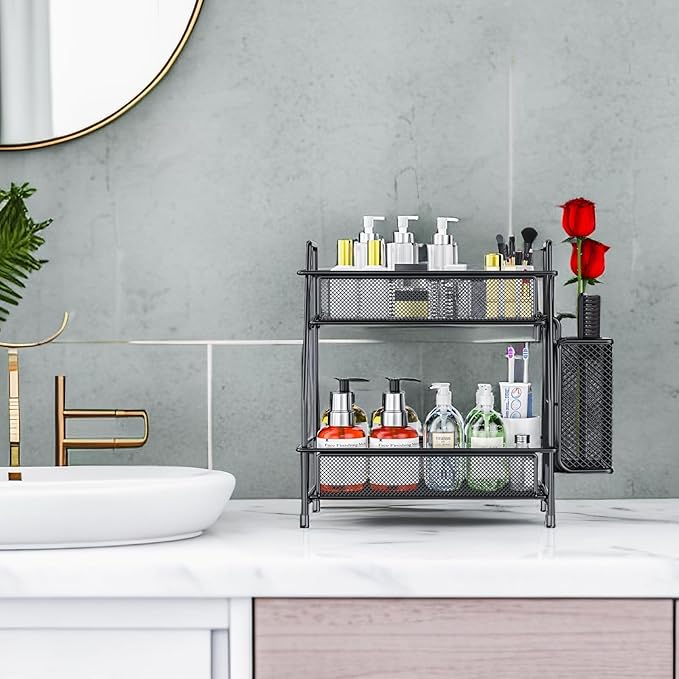 Bathroom Organizer with Basket, 2-Tier Bathroom Tray for Countertop Storage Shelf, Bathroom Counter Organizer, Vanity Organizer and Storage Kitchen Counter Organizers Spice Rack-NeatNest