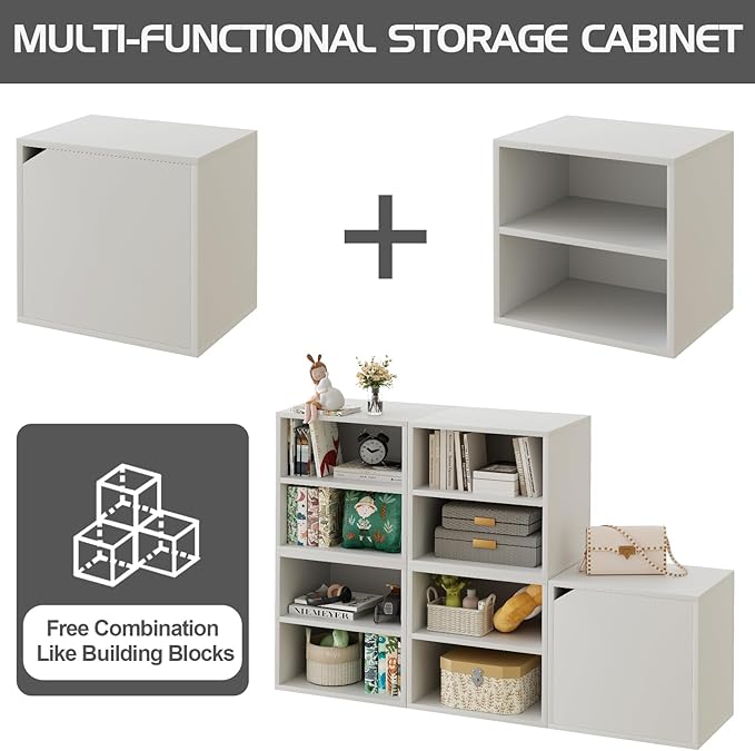 Garden 4 You Cube Storage Organizer Shelf, 2-Tier Stackable Bookshelf with Door, Wooden Display Bookcase, Small Storage Cabinet for Living Room & Bedroom, White-NeatNest