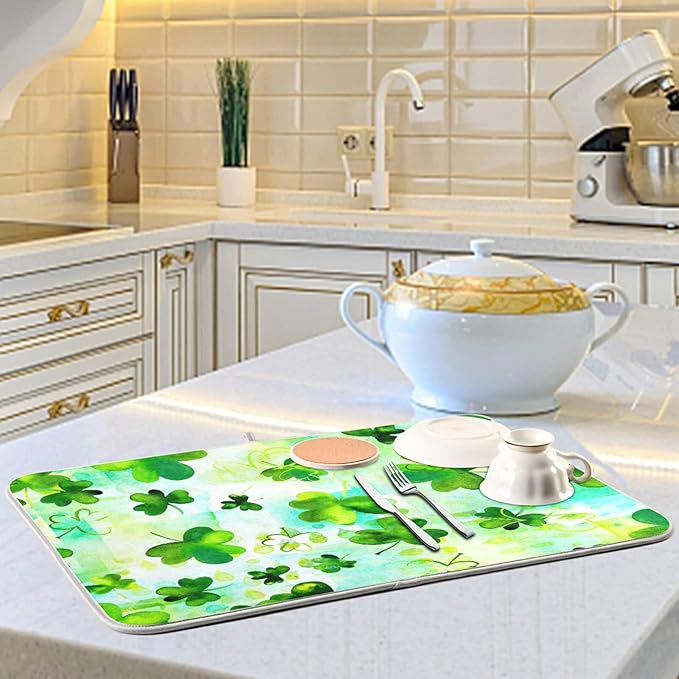 Absorbent Dish Drying Mat for Kitchen Counter - Clover Clover Microfiber Drying Pad, Reversible Drainer Mats for Countertop, Large 18" x 24"