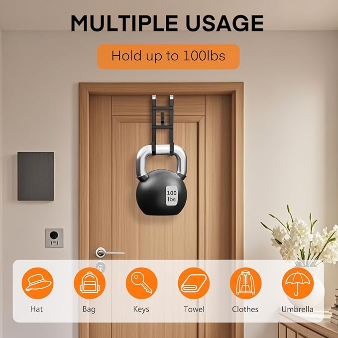 FYY Over The Door Hooks - 2 Pack Heavy Duty Triple-Hook Organizer Hanger with Non-Slip Rubber for Towels, Clothes, Hats & Bags Use in Bathroom, Bedroom, Kitchen - Fits Interior Doors Up to 1.6" Black