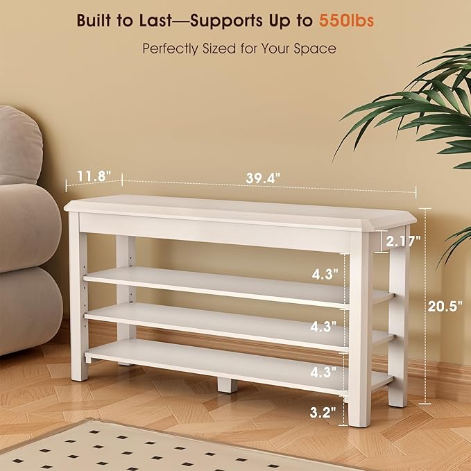 Shoe Rack Bench Seat Rubberwood 3-Tier Wooden Storage Bench 550lbs Compact Mid-Century Modern Design for Entryway, Hallway, Closet, Front Door Entrance, Foyer-NeatNest