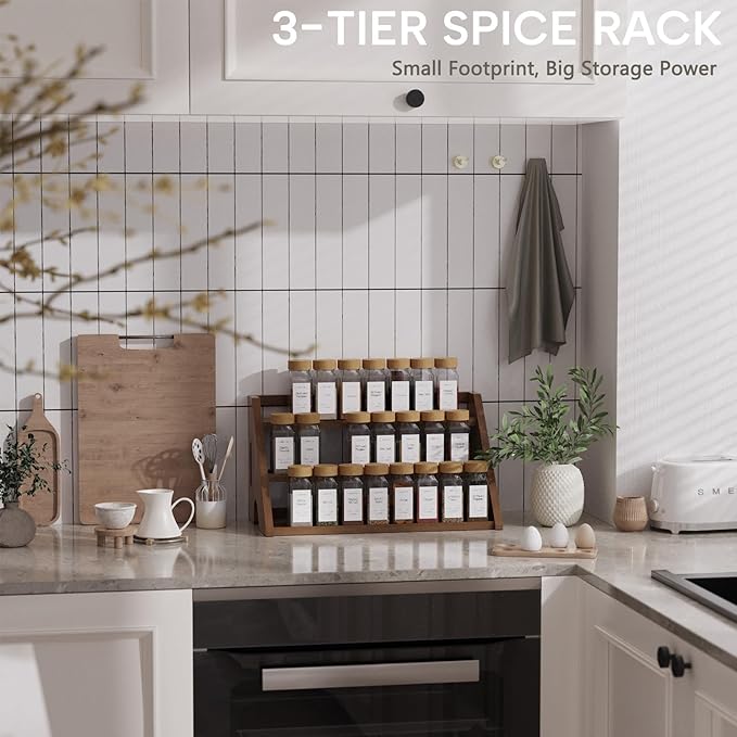 Bamboo Spice Rack Organizer -3-Tier Spice Rack for Countertop,Cabinet Spice Rack Organizer for 27 Spice Jars(4oz),Step Shelf (Walnut)