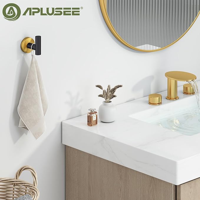 APLusee Bathroom Towel Hook Black & Gold, SUS 304 Stainless Steel Modern Robe Hook for Home Storage, Towel Hanger Wall Mounted