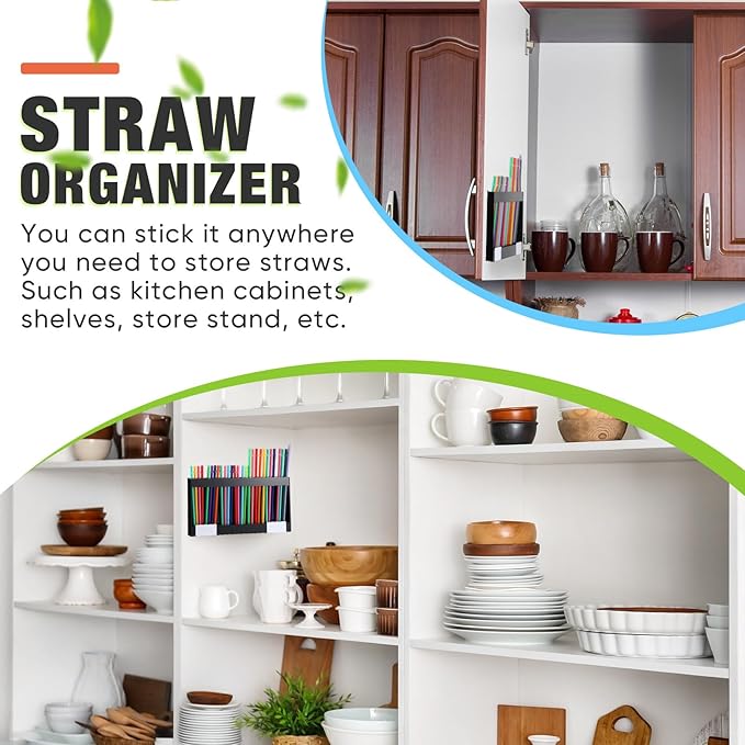 Acrylic Straw Holder for Cabinet Door with Double Sided Adhesive Tape Reusable Straw Organizer Tumbler Storage Kitchen Accessories Container for Counter Cupboard(Classic,Extra Large,Black)