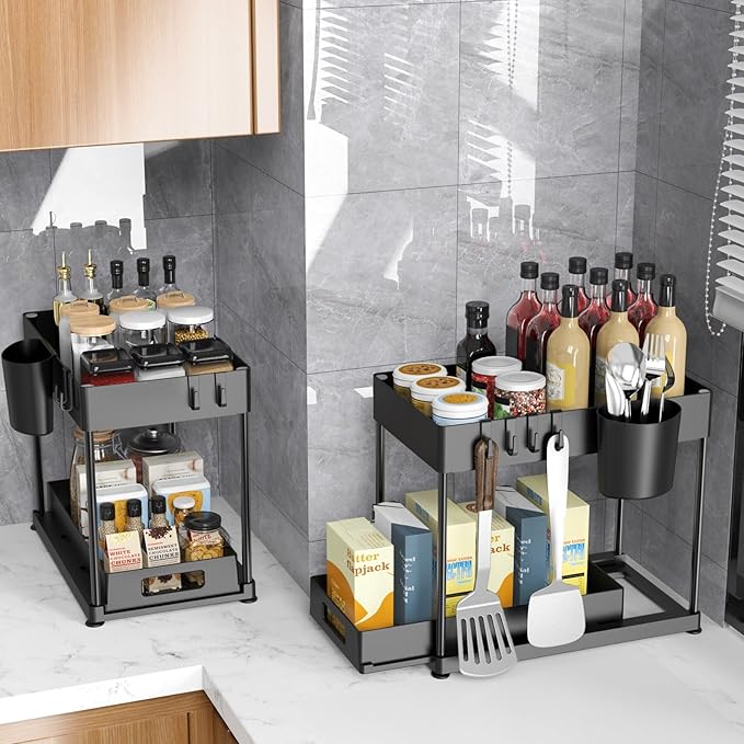 Under Sink Organizers and Storage, 2 Pack Large Capacity Heavy Load Pull-out Under Sink Shelves with Sliding Drawer for Kitchen and Bathroom, Black, 12 x 8.7 x 15.7 inch-NeatNest
