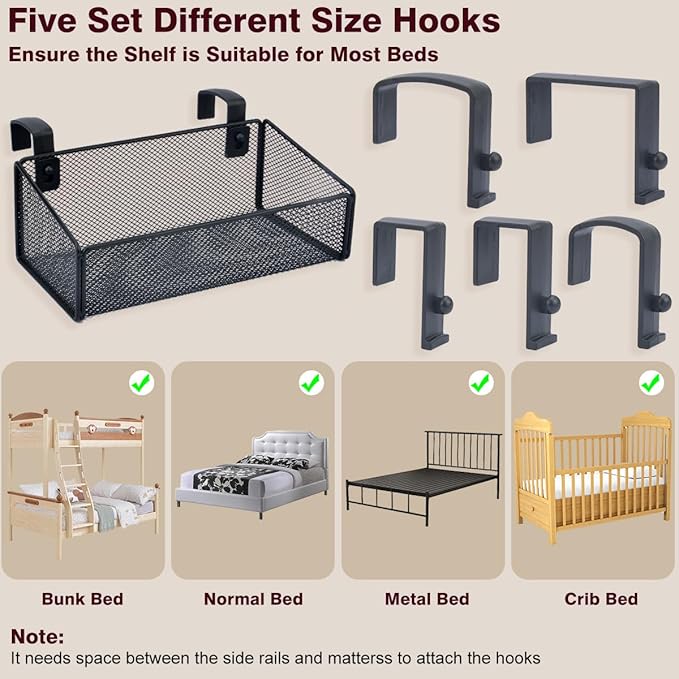 Bedside Shelf Bunk Bed Organizer Shelf Hanging Storage Metal Basket Phone Holder for Bedroom,Dorm,Office - Easy Use for Both Adult and Kids (Black)-NeatNest
