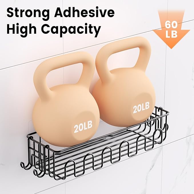 Adhesive Shower Caddy: 2 Bonus Hooks, 4-Pack Wall Mounted Bathroom Storage Shelf, Rustproof Metal Basket Organizer for Kitchen & Bathroom No Drill Black