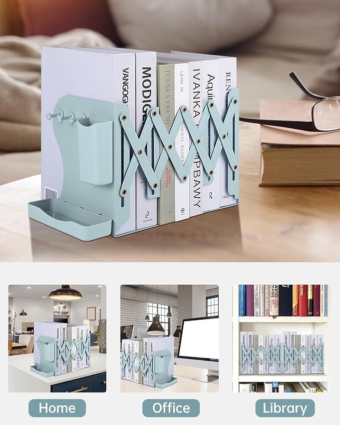Honagu Adjustable Bookends, Metal Book Ends for Shelves Heavy Book, Desk Magazine File Organizer for Home, Office, Books, Papers with Removable Hook, Pen Holder(Green)