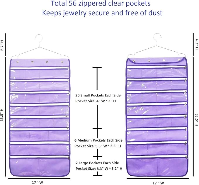 Dual Sided Hanging Jewelry Organizer with Hanger for Closet Necklace Earrings Bracelet Ring Travel Holder (56 Zippered Clear Pockets Purple)-NeatNest
