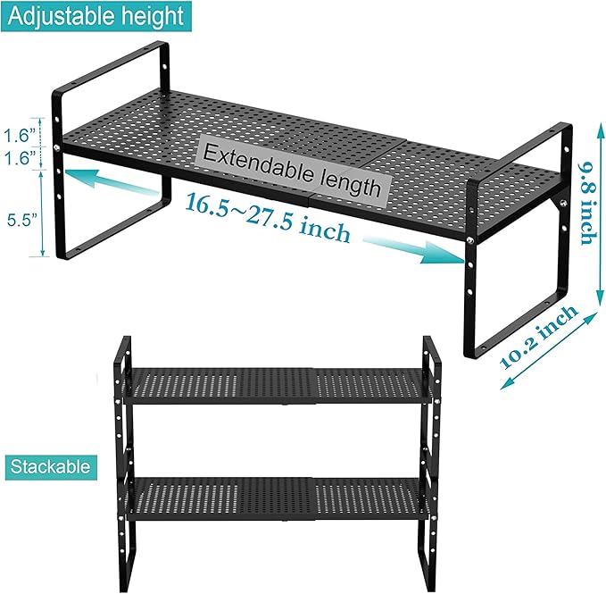 iPEGTOP Large Expandable Cabinet Storage Shelf Organizer Rack, Heavy Duty Stackable Steel Metal Spice Rack Adjustable Height Office Pantry Garage Shelves for Counter Kitchen, Black - 1 Pack-NeatNest