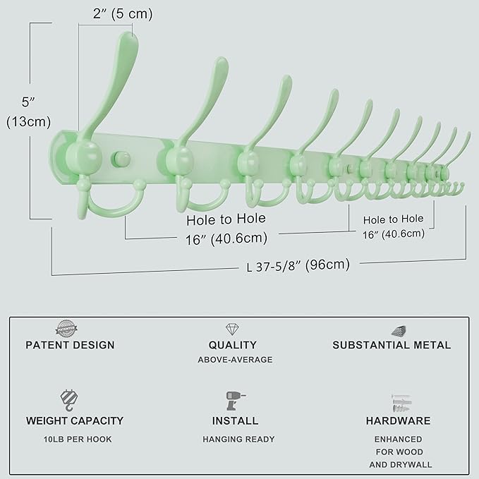 Dseap Coat Rack Wall Mount - 38” Long 10-Tri-Hooks Heavy Duty Coat Hanger Rail Wall Hooks for Hanging Coats Hats Clothing Clothes Purse Mudroom Entryway, Green, Pack of 2-NeatNest
