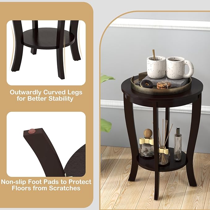 Giantex Round End Tables Set of 2, 2 Tier Side Table with Storage Shelf and Solid Wood Legs, 18" x 18" Accent Table for Corner Small Spaces, Compact Night Stand for Living Room Bedroom, Espresso