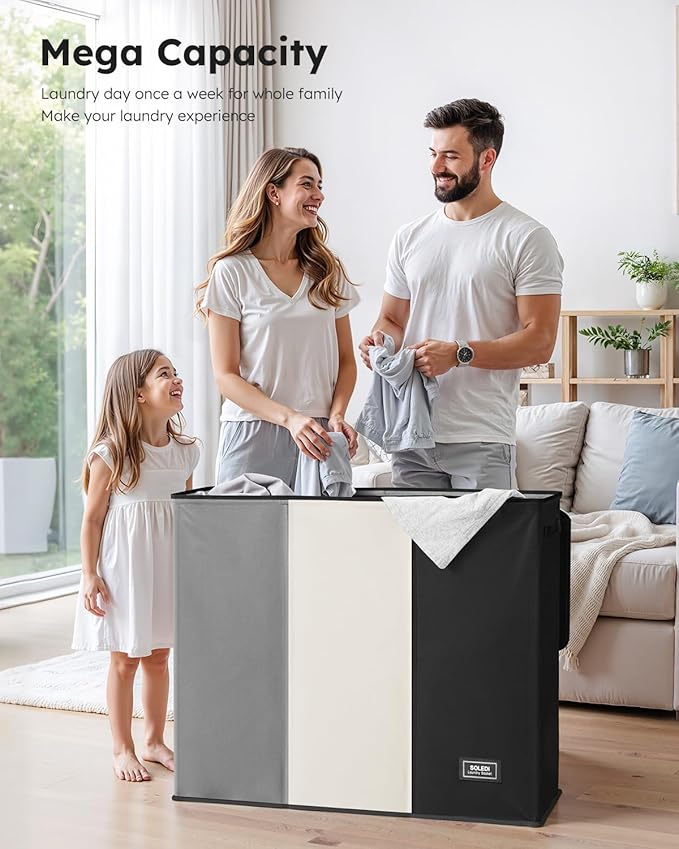 SOLEDI Laundry Hamper 3 Section with Lid and 3 Pcs Laundry Bag, Large Hamper 3 Compartment 180L, Basket Sorter for Bedroom Blanket Storage-NeatNest
