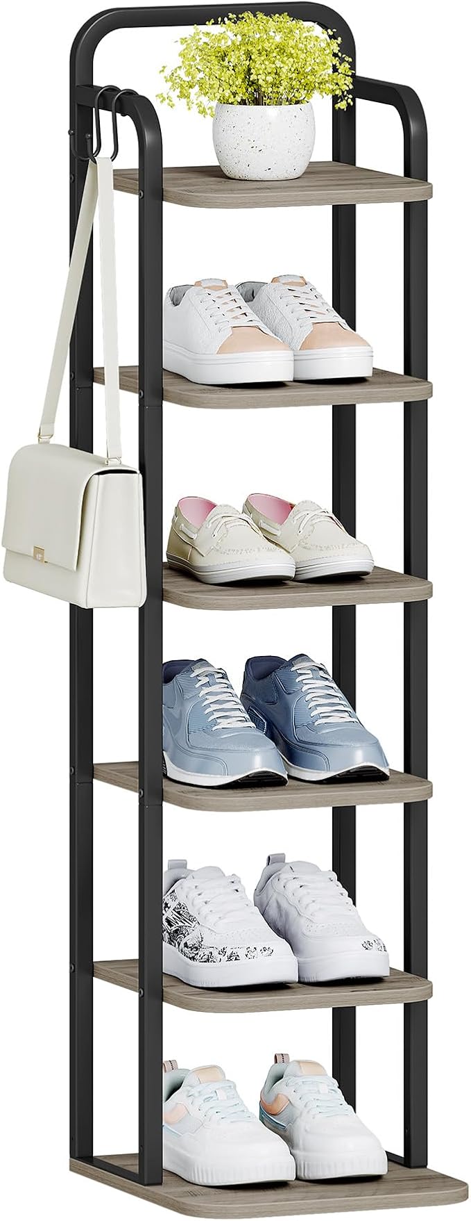 6 Tiers Vertical Shoe Rack, Narrow Shoe Tower, Tall Shoes Shelf with 2 Hooks, Adjustable Shelves, Corner Shoes Shelves for Small Spaces, Entryway, Living Room, Greige, SR04205B-NeatNest