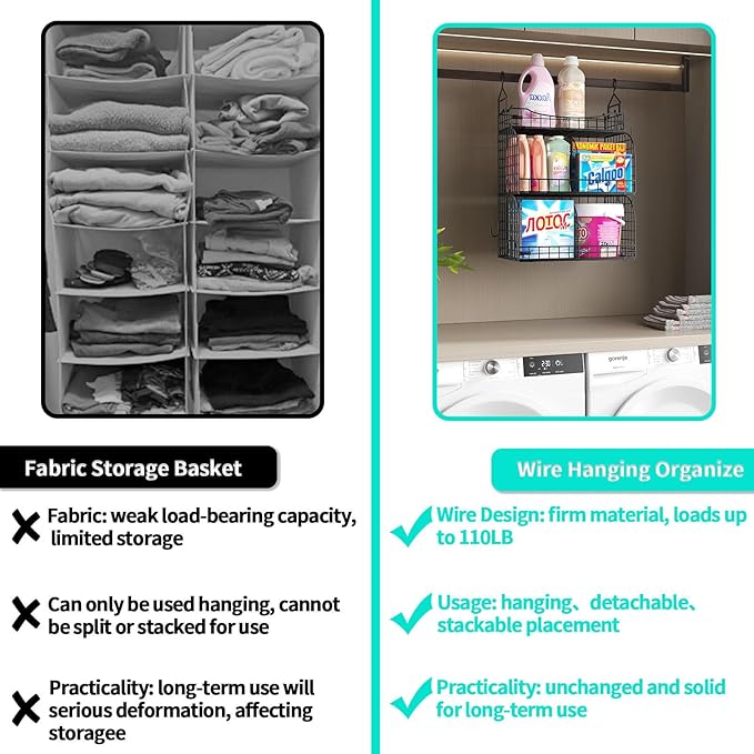 HapiRm Hanging Closet Organizer Storage - 3 Tier Metal Stackable Hanging Closet Shelves with Dividers and S Hooks, Foldable Clothes Shelves for Clothes, Pants, Shoes, Coat, Hats Clutches Accessories