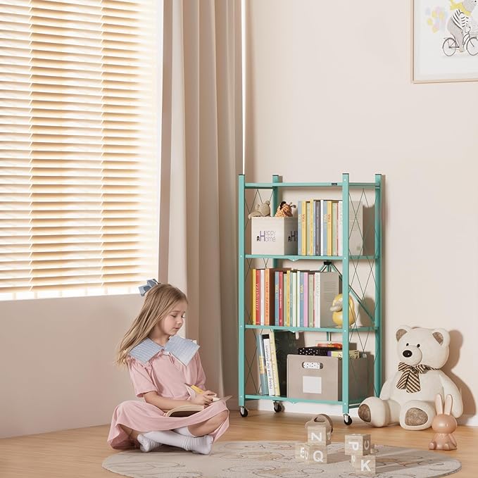 ALANNG 2-Pack Folding Bookshelf on Wheels, Cute Rolling Shelves for Bedroom, Colorful Storage Cart for Kids Rooms, Nursery, No Assembly Metal Book Shelf (4 Tier, Mint Green)
