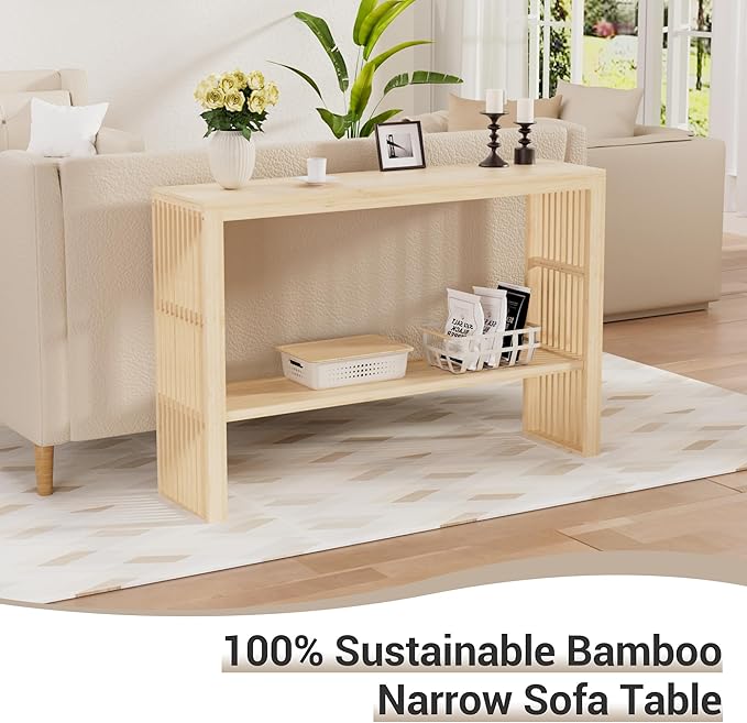 Bamboo Wood Entryway Table 47.2" Console Table, 2-Tier Farmhouse Narrow Sofa Table with Grille-Inspired Sides Easy Assembly for Entrance, Hallway, Living Room, Bedroom, Foyer(Natural)-NeatNest