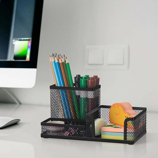 Comix Mesh Pen Pencil Holder Desk Organizer, 3 Compartment Wire Desktop Pen Pencil Cup Caddy Office Supplies Accessories for Home Office School, Black(2 Pack)-NeatNest
